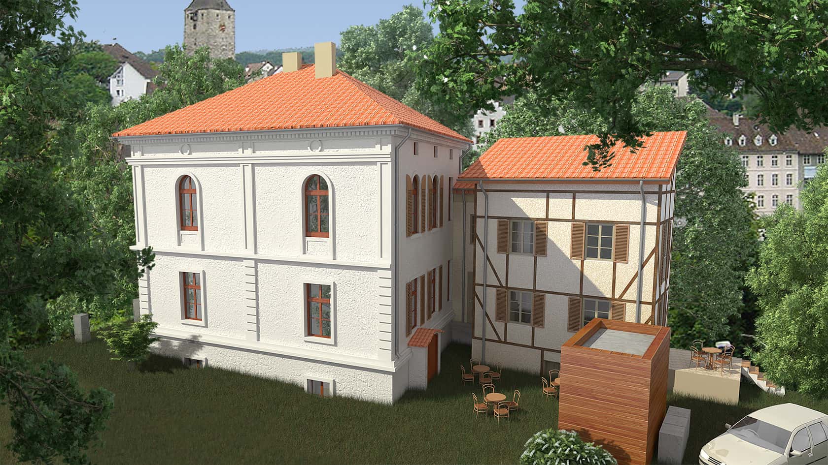 Visualisierung der Stadtvilla als Ärztehaus Seitenflügel mit Anliegerwohnungen & neuer Hofsituation
